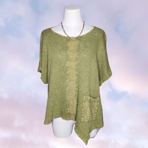 Vtg Beau Jours Earthy Green Mesh Cotton Forest Fairy Asymmetrical Hippie Top